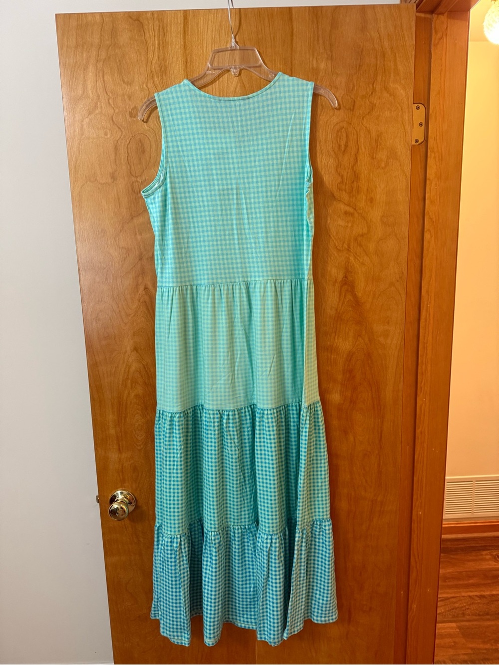 Lands’ End Sleeveless Tiered Maxi Dress Blue Green Check Medium 10-12 FLAW READ - Picture 6 of 14